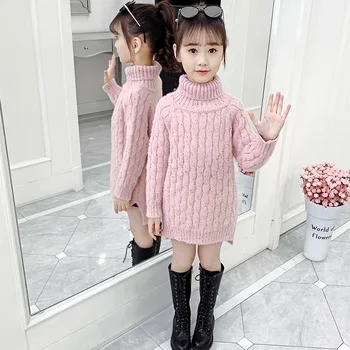 2021 חורף לילדים בגדים קט נערת אופנה חולצות לסרוג סוודר ארוך ילדים צווארון הסוודר. 3 4 5 6 7 8 9 10 11 12 שנה