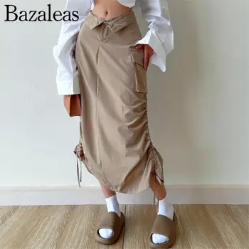 2023 Bazaleas חנות Traf צד כפול שרוך חצאיות קו החצאית אסתטי כיסים Midi חצאית נשים הרשמי של בגדים
