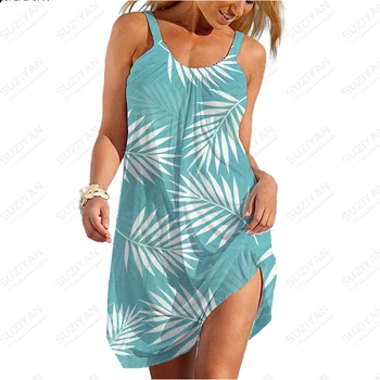 2023 חדש אופנה חמה מכירת הקיץ של נשים עלה הדפסת 3D החוף שמלה מזדמן רצועת U הצוואר וחולצת הוואי בוהמי קו-שמלה