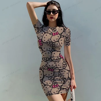 2023 חדש נשים קוספליי אופנה שמלה שרוול קצר המצוירת הלו קיטי הדפסה שמלת קיץ צוואר עגול מזדמנים שמלת מיני