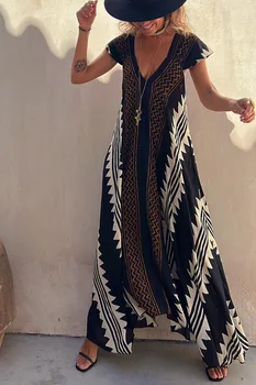 2023 קיץ חדש סקסי בציר מודפס שמלה בוהמית חוף ארוך שמלה מזדמן V-צוואר קו A-גרסה שמלה ארוכה