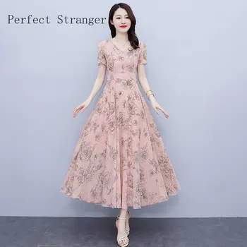 2023 קיץ נשים קוריאנית סלים רשת עם רקמת פרחים הדפסה טוניקה ארוכה שמלה אלגנטית מתוק שרוול קצר שמלות ערב חלוקים