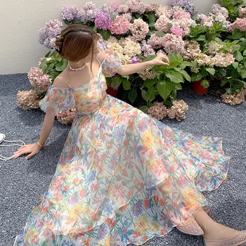 2023 שמלה חדשה לנשים הקיץ להתלבש פיות להתלבש צרפתית האהבה הראשונה בועה שרוול מפוצלים פרח שמלה מתוק רשת רצועת להיות