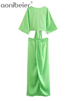 Aonibeier אופנה עם עניבת פרפר נשים סאטן ירוק חצאיות מקסי מתאים Traf 2023 הקיץ חשופת גב החולצה סלים יבול נקבה העליון קובע