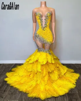 Birght צהוב ים נוצות שמלות לנשף 2023 ואגלי שמלות מסיבת העצום הצוואר לנשים אפריקאיות נצנצים גאלה השמלה