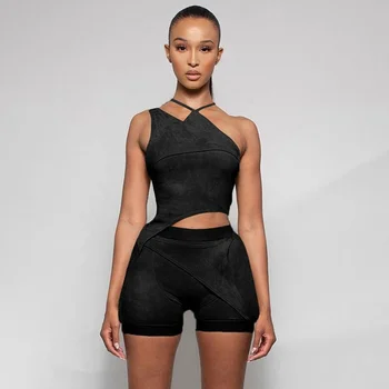 BoozRey נשים חליפת קיץ חדש בסגנון שחור סדיר לכריכת חבל הטבור הלטר צוואר רצועת האפוד גבוהה המותניים רזה מכנסי החליפה.