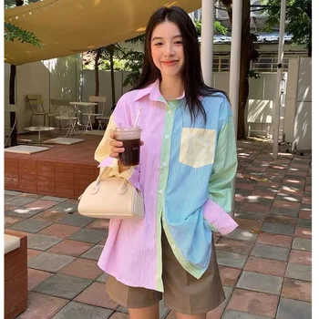 EBAIHUI פסים חולצות לנשים טלאים עיצוב מתוק של ילדה החולצה Camisas Mujer אביב מזדמנים אופנה קוריאנית-כל. התאמה טי.