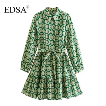 EDSA נשים אופנה ירוק מודפס שמלת מיני 2023 הקיץ עם צווארון, שרוולים ארוכים עם אזיקים על הידיים קשרתי את החגורה כפתור מלפנים.