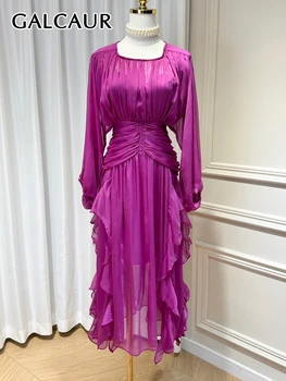 GALCAUR Ruched מוצק שמלה עבור נשים סביב צוואר פנס השרוול גבוה המותניים טוניקה משולבים קפלים שמלות נקבה בגדי הקיץ