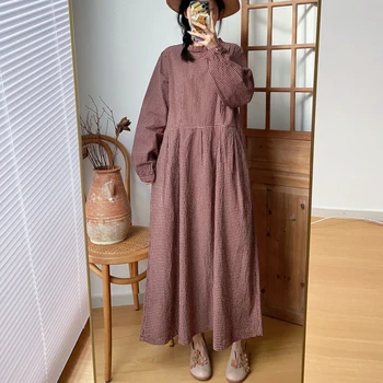 Johnature האביב החדש כותנה פשתן היפנית משבצות, שמלות וינטג ' 2023 O-צוואר רופף פשוט כל התאמה התחבושת נשים מתלבשות.