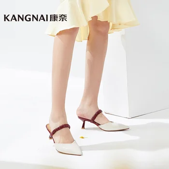 Kangnai Slingback עקבים גבוהים נעלי נשים מחודד בוהן עור אמיתי סליפ-על המפלגה שמלה נשית נעלי קיץ