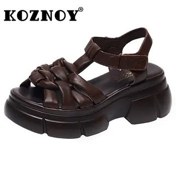 Koznoy עור אמיתי נעלי נשים עור פרה 6cm 2023 יוקרה הפלטפורמה וודג סנדלים לארוג נעלי קיץ חלול משאבות שטחי פנאי