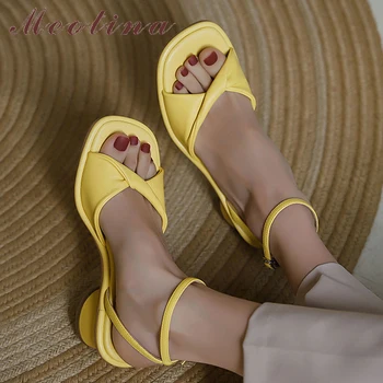 Meotina נשים עור אמיתי רצועת קרסול סנדלי העקב עבה בוהן מרובע סנדלים עקבים גבוהים אבזם נעלי נשים קיץ צהוב 40