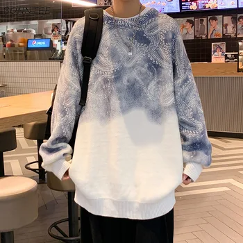 Pullovers גברים הדפסה O-צוואר סוודר סתיו אופנה תוספות חופשי לקשור צבע סגנון קוריאני טרנדי סריגים Harajuku Kpop אופנת רחוב זכר