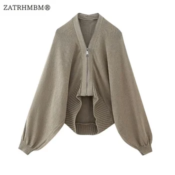 ZATRHMBM נשים 2023 סתיו אופנה צלעות לסרוג המחבל מעיל מעילי וינטאג שרוול ארוך סימטרית נקבה הלבשה עליונה שיק לכל היותר