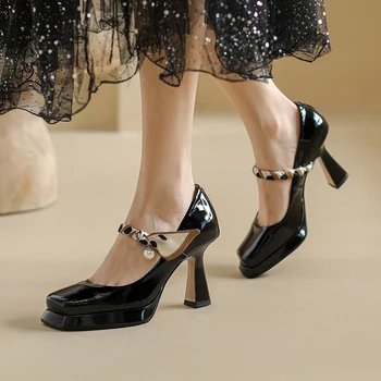 אביב חדש נשים עור רך עמיד למים רדודים מרי ג ' יין נעליים עם עקבים גבוהים נעלי נשים העקב עבה בוהן מרובע יחיד נעליים