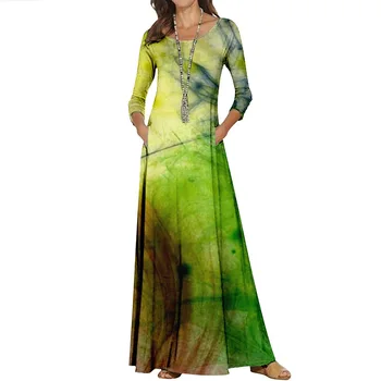 אביב סתיו מסיבת צוואר עגול השמלה נשים אלגנטי שרוול ארוך מזדמן רופף ירוק להדפיס שמלות אישה שמלה ארוכה