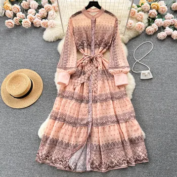 אביב קיץ מודפס שמלת פנס שרוול ארוך תחרה אחת עם חזה ציון גבוה סגנון שמלה ארוכה