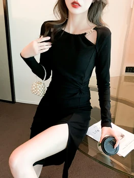 אביב שחור שרוול ארוך שיק חלול החוצה שמלה סקסית נשים אלגנטי קליל Y2k שמלה ארוכה 2023 קוריאני משובח הפבורן שמלת מסיבת