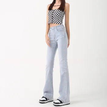 אופנה ג ' ינס מיקרו התלקח מכנסיים מקרית Slim Fit הרזיה פרסה מכנסיים בצבע כחול בהיר גבוה Waisted מכנסיים ארוכים אביב/קיץ 2023