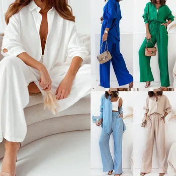 אופנה המכנסיים סטים קיץ משרד שיק, חולצות שתי חליפת חתיכה להגדיר נשים אלגנטי רחב מכנסיים חליפות טרנינג 2023 לנשים