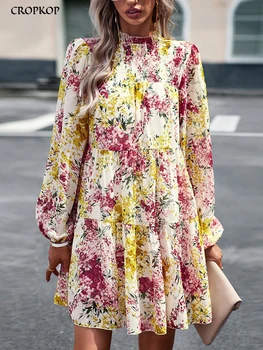 אלגנטי פרחוני קצר שמלות נשים סתיו קליל משוחרר פאף שרוול לפרוע אופנה שמלה לבנה קו הסתיו החדש בשמלות 2023