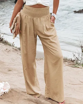 אסף מותן כיס עיצוב רחב הרגל המכנסיים נשים צבע מוצק אופנה מקרית אביב קיץ מכנסיים רפויים מכנסיים