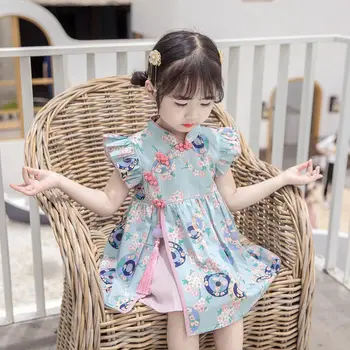 בנות צ ' יפאו שמלה התינוק החדש אתני Hanfu סינית לילדים בסגנון רטרו הקיץ הדפס נסיכה סגנון רזה קוטה מתוק ומקסים