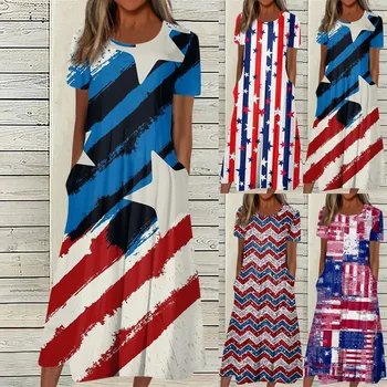  בנות קיץ שמלה מזדמן יום העצמאות מודפסת עם צווארון וי פסים בוהמי אופנה קצר שרוול החוף להניף את השמלה Vestidos