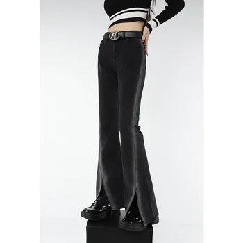 בציר השחור גבוה עם קו מותן נשים ג 'ינס אופנה אמריקאי באגי אופנת רחוב קלאסי, מכנסי ג' ינס ישר שסף הזיקוק מכנסי ג ' ינס