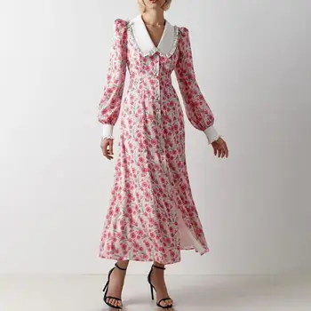 בציר חופשה מודפס Chiffion בובה צוואר גבוה מותן אחת עם חזה שמלה ארוכה 2023 הקיץ החדש בועות שרוול ארוך ליידי שמלה
