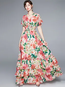 בקיץ המסלול פרחוני שמלת מקסי נשים בוהמיה פרח הדפסה V-צוואר פרפר שרוול אלסטי המותניים מדורגים קפלים שמלה ארוכה
