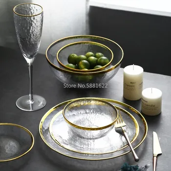 ברור זכוכית זהב שבץ שולחן מטען צלחת זכוכית שקופה ערב העוגה אוכל בצלחת קערה השולחן