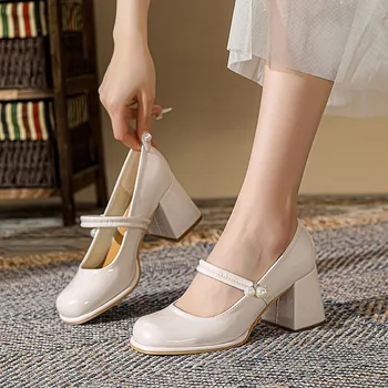 גודל 31-43 מרי ג ' יין נעליים נשים גבוה/חסום עקב מעור שחור לבן נעליים