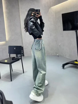 הגירסה הקוריאנית של אופנה כיס ישר ג 'ינס הנשי Y2K גודל גדול רופף להראות רזה רחב הרגל המכנסיים גודל גדול מכנסי ג' ינס