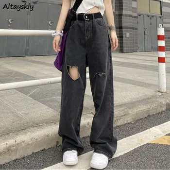 הולו ג ' ינס נשים קרע שטף סגנון קוריאני Hotsweet רופף אופנה האביב Ulzzang פשוט כל-התאמה המכללה שיק במצוקה