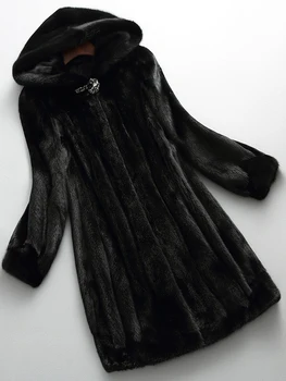 החורף יוקרה שחור ארוך Faux פרווה מינק מעיל נשים עם הוד שרוול ארוך אלגנטי עבה חם ורך פרווה ז ' קט 6xl 7xl