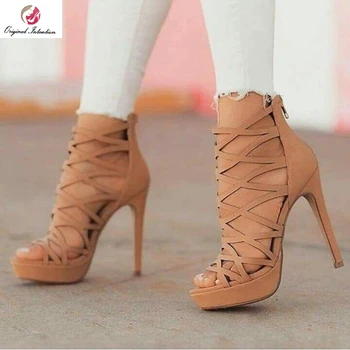 הכוונה המקורית אופנה נשים קרוס-קשור חאקי וסנדלים דק העקבים פלטפורמת סנדלי נשים נעליים הבוהן ציוץ אישה גודל פלוס 6-15