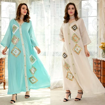 המוסלמים Abaya כותנה פשתן מזג מרובע נצנצים רקמה V-צוואר שמלה משוחררת גרסה החלוק מסיבה מתוקה שמלת אופנה