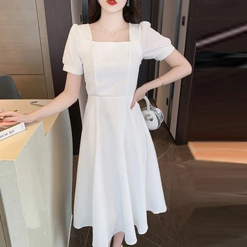 הצווארון המרובע Midi שמלה נשים יוקרה אלגנטית לבנה אופנה קוריאנית אישה אביב קיץ 2023 שמלות נשים ביגוד אופנתי זולים