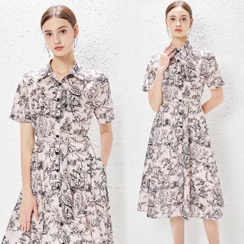 הקיץ דיו ציור הדפס סלים Midi שמלה שרוול קצר 2023 נשים מעצב דש משרד ליידי לכפתר חולצה, שמלות עם חגורת