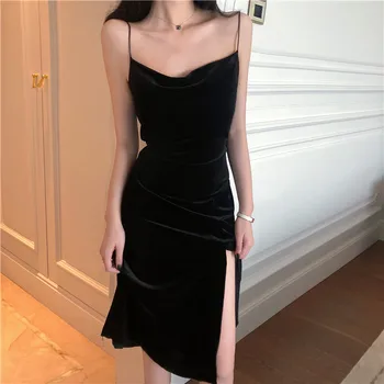 חדש 2023 בציר נשים שמלת ספגטי רצועת שסף קטיפה שמלה שחורה סקסית Bodycon תחבושת שמלה Midi שמלה למסיבת Verano Vestidos