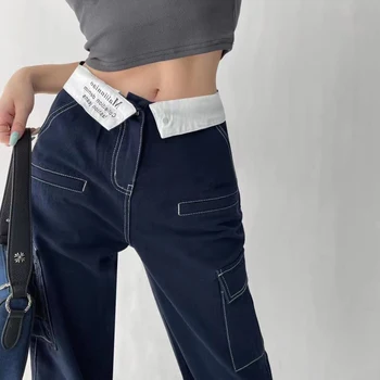 חדש Y2k אופנת רחוב מזדמנים מכנסיים צבאיים נשים ישר גבוהה המותניים flanging באגי ג ' ינס סלים רוכסן כיסים מרובים ספורט מכנסיים