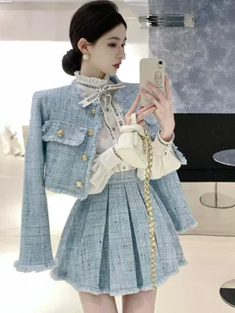 חדש באיכות גבוהה מתוק שתי חתיכה להגדיר עבור נשים אופנה קוריאנית ציצית שרוול ארוך קצרה מעיל + קו עם קפלים החצאית סטים