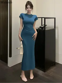 חדש פיצול שמלות מקסי נשים מוצק טוניקה שרוול קצר חלוק נשי אופנה Pleate קו-קוריאנית Y2k השמלה 2023 Vestidos דה Mujer