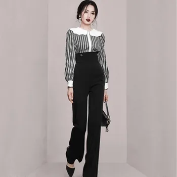 חדש קוריאני 2 חלקים חליפות נשים 2022 סתיו אלגנטי בציר להדפיס את החולצה העליונה & שיק גבוהה המותניים, מכנסיים ארוכים OL העבודה בחליפות מכנסיים