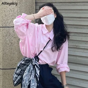חולצות ורודות נשים האביב באגי מוצק כל-התאמה במשרד נשים אופנתי בסיסי קוריאני סגנון עיצוב רך פנאי אופנתי Chemise פאטאל