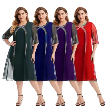 חצי שרוול טלאים באורך הברך או עיצוב צוואר L-4XL נשים גודל שמלה נשית שמלות לנשים בד NY54 72395