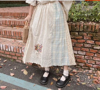 יפן בסגנון מורי נערת פרחים הדפס תחרה משובץ אלסטי המותניים כותנה רקמה חצאית לנשים