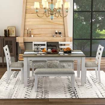כפרי שולחן האוכל סט של 6 עם 1 הספסל ו-4 כסאות מרופדים,עץ, שולחן אוכל, כיסא מטבח שולחן ערוך,חום+הלבנה.